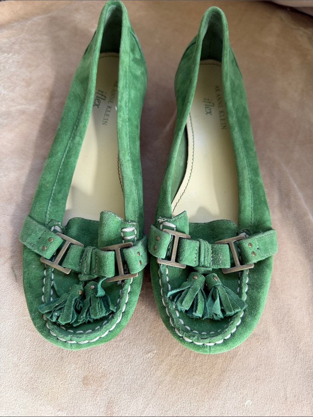 Anne Klein Emerald Green Suede Tassel Loafers